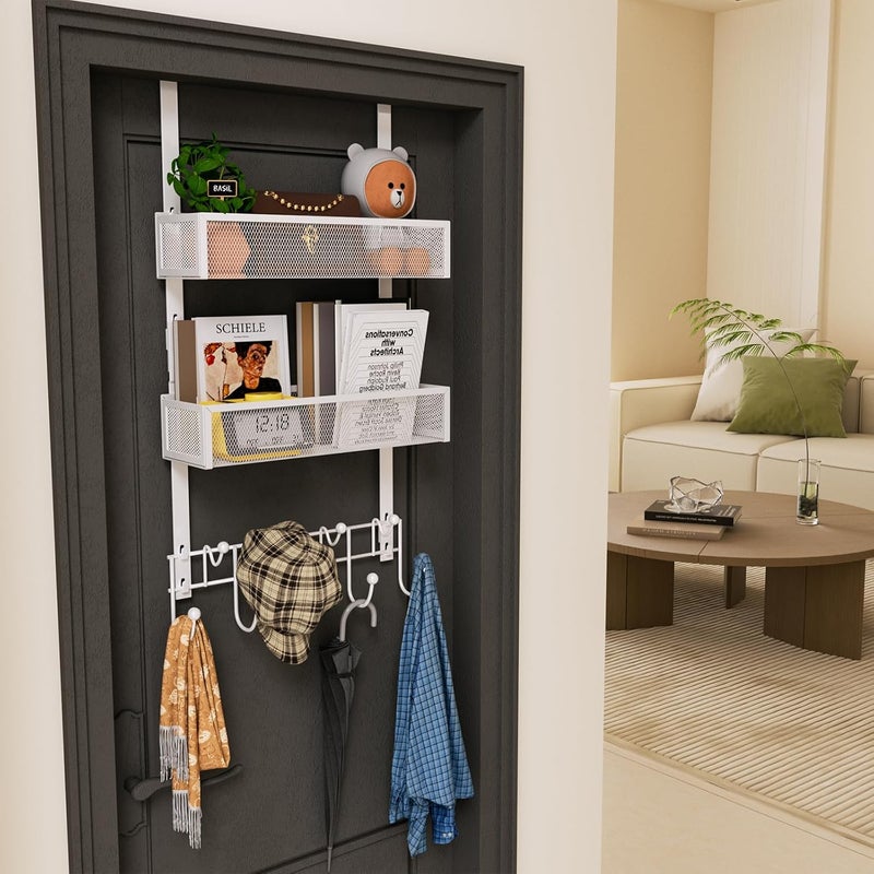 HapiRm Over The Door Organizer with Coat Hooks and 2 Baskets, Stainless Steel Rustproof Over The Door Hanger Hooks for Bathroom, Kitchen, Bedroom-White (for 1.76in Doors) - Image 2